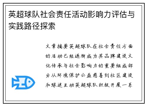 英超球队社会责任活动影响力评估与实践路径探索